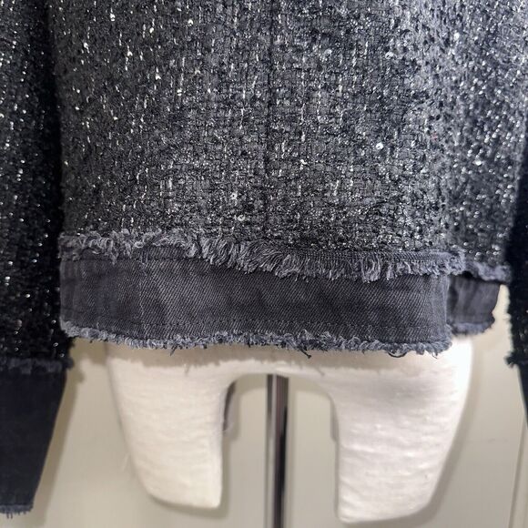 NWT Nanette Lepore Black Sequined Boucle’ Frayed Denim Trim Jacket Tweed Blazer - Picture 8 of 12